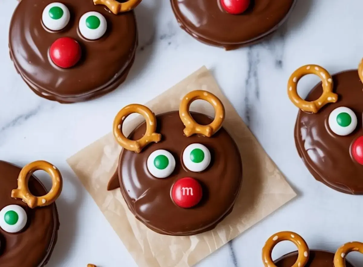 Decorated reindeer cookies on marble surface, each made with chocolate-dipped sandwich cookies, candy eyes, pretzel antlers, and red candy noses.