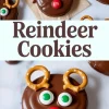 Vertical collage featuring chocolate-covered reindeer cookies made with pretzels, candy eyes, and red candy noses, labeled with the text “Reindeer Cookies.”