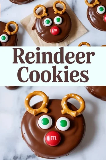 Vertical collage featuring chocolate-covered reindeer cookies made with pretzels, candy eyes, and red candy noses, labeled with the text “Reindeer Cookies.”