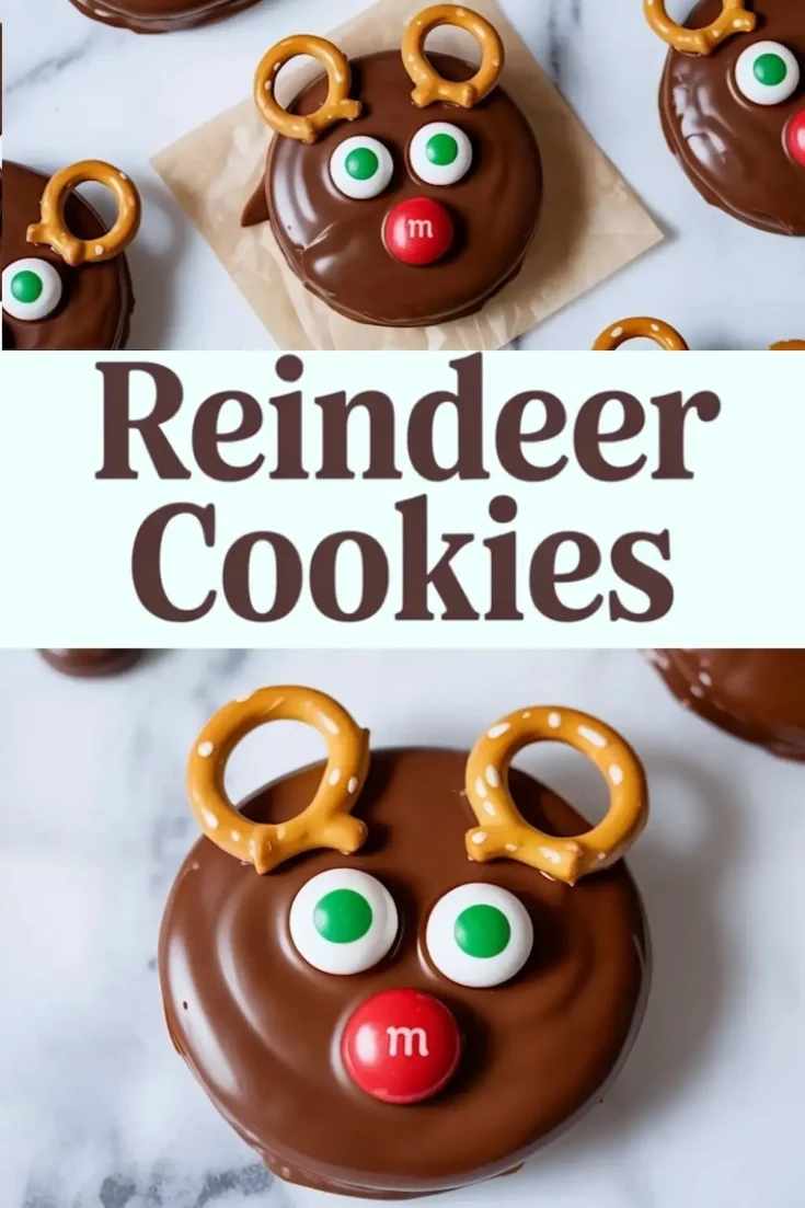 Vertical collage featuring chocolate-covered reindeer cookies made with pretzels, candy eyes, and red candy noses, labeled with the text “Reindeer Cookies.”
