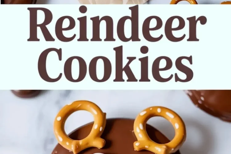 Vertical collage featuring chocolate-covered reindeer cookies made with pretzels, candy eyes, and red candy noses, labeled with the text “Reindeer Cookies.”