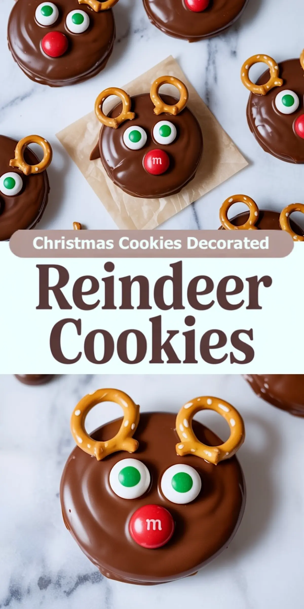 Pinterest-style collage with decorated chocolate reindeer cookies and the caption “Christmas Cookies Decorated Reindeer Cookies” in bold brown text.