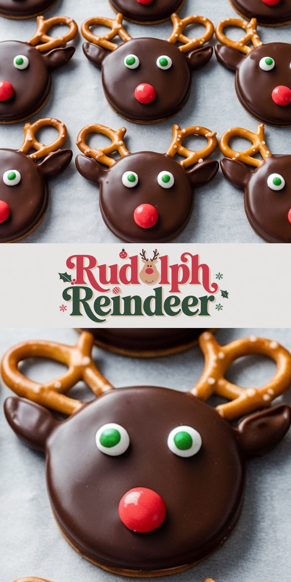 Reindeer cookies arranged neatly, featuring round chocolate faces, red candy noses, pretzel antlers, and playful green candy eyes.