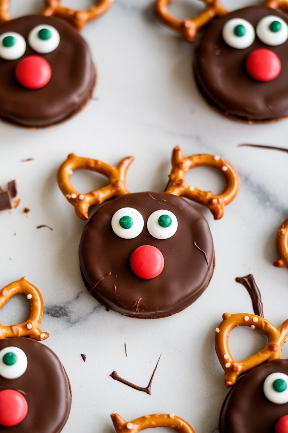 Close-up of reindeer-shaped cookies decorated with chocolate, red candy noses, green eyes, and pretzel antlers, perfect for a festive treat.