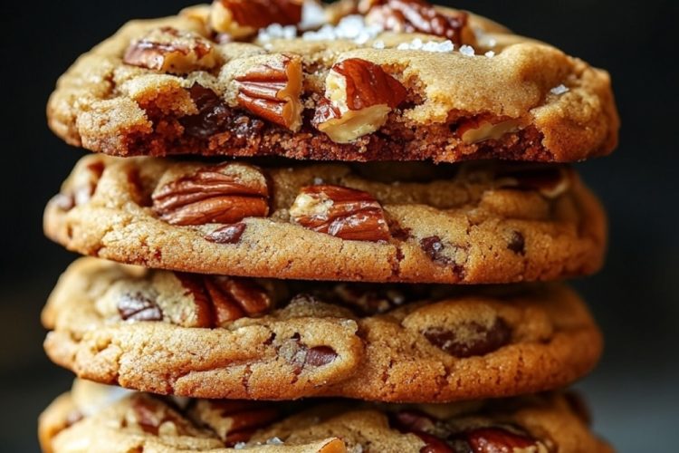 A tall stack of pecan salted caramel cookies, golden brown with large pecan pieces embedded on top. The cookies have a chewy texture with melted caramel peeking through, topped with a sprinkle of sea salt.
