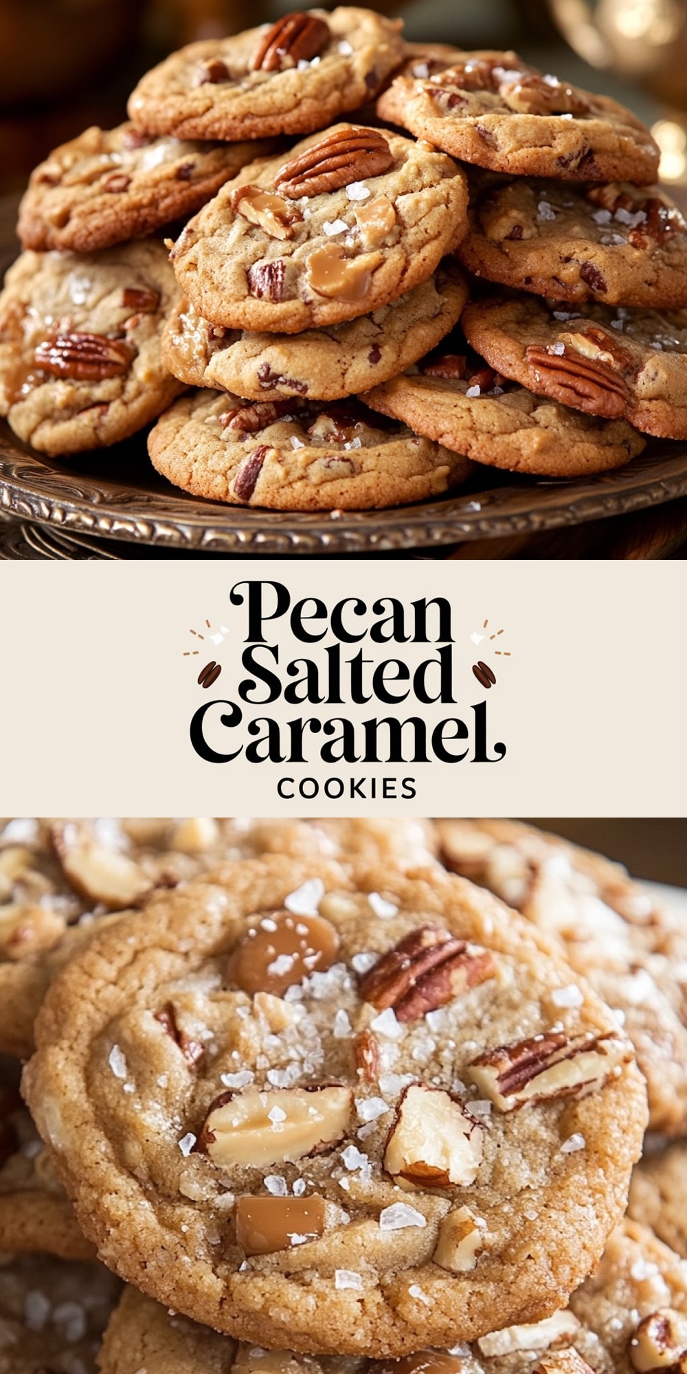 A plateful of pecan salted caramel cookies stacked high, each cookie loaded with pecan pieces and gooey caramel bits. The cookies are generously sprinkled with sea salt, giving them a rustic and homey feel.