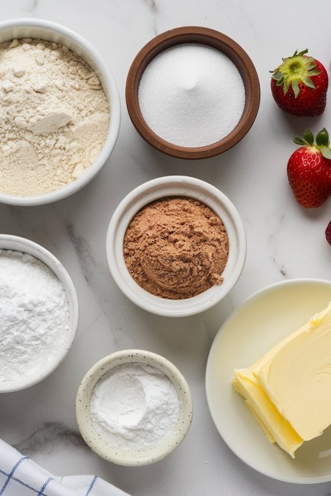 A neatly arranged collection of ingredients for making chocolate cupcakes. The image includes flour, sugar, cocoa powder, baking soda, butter, and fresh strawberries on a marble countertop.