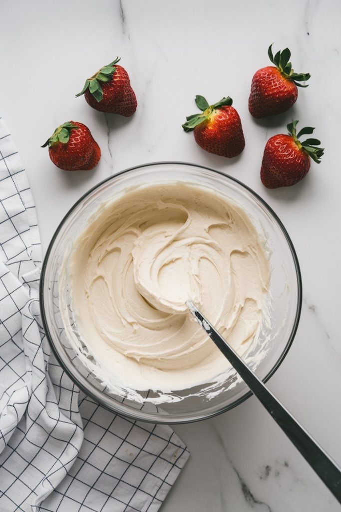 A glass bowl filled with smooth vanilla frosting, ready to be piped onto cupcakes. Strawberries surround the bowl, which are used as a fresh garnish to complete the festive Santa hat cupcake design.
