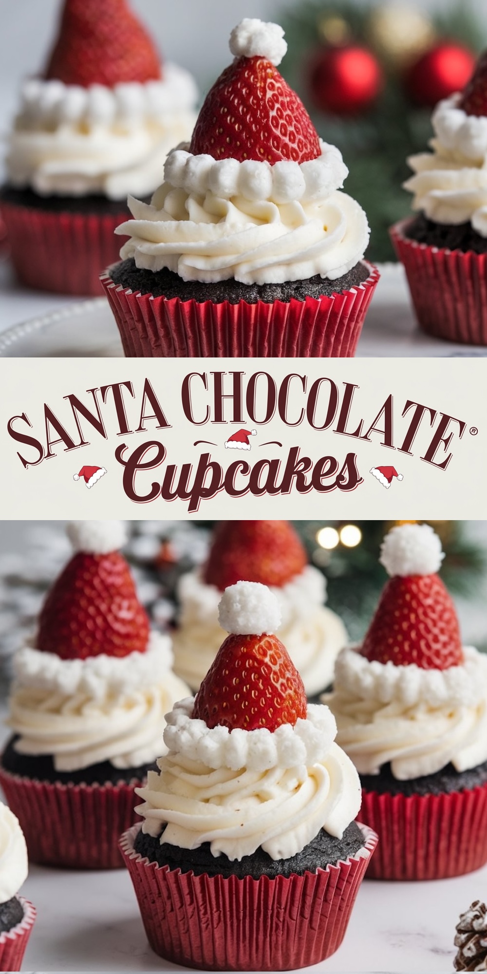 A flat-lay of baking ingredients for Santa hat cupcakes, including fresh strawberries, cocoa powder, flour, and butter, neatly arranged on a clean white surface.