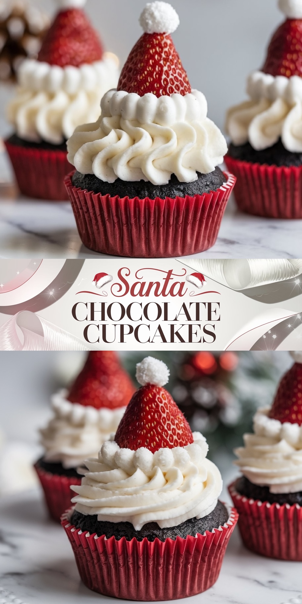 Festive Santa hat cupcakes sit on a cooling rack, frosted with creamy vanilla frosting and topped with fresh strawberries to create a holiday look. A delicious treat for any gathering.