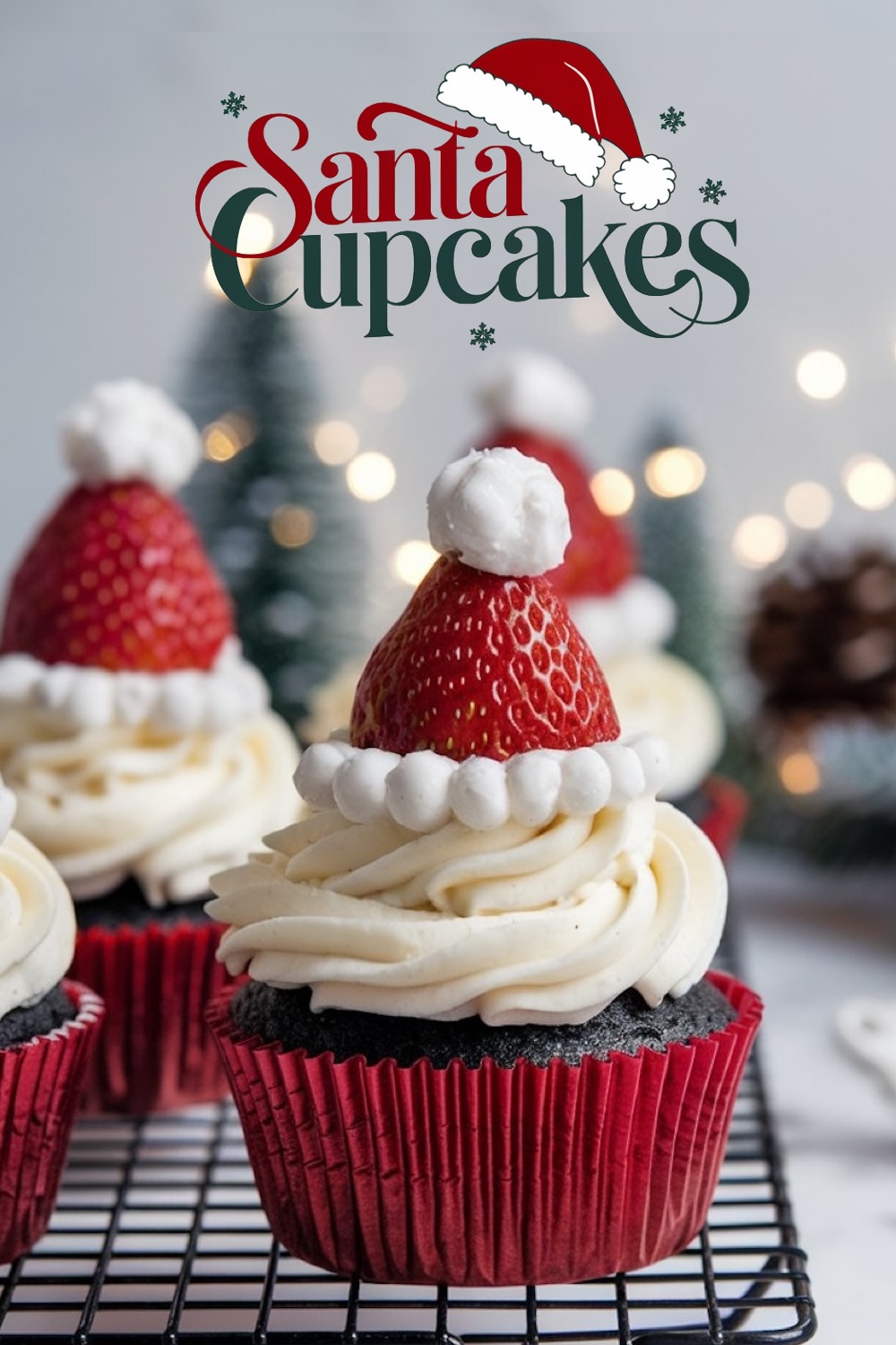Santa hat cupcakes with rich chocolate base and smooth, swirled frosting, topped with fresh strawberries to complete the holiday look. A festive centerpiece for your Christmas celebration.