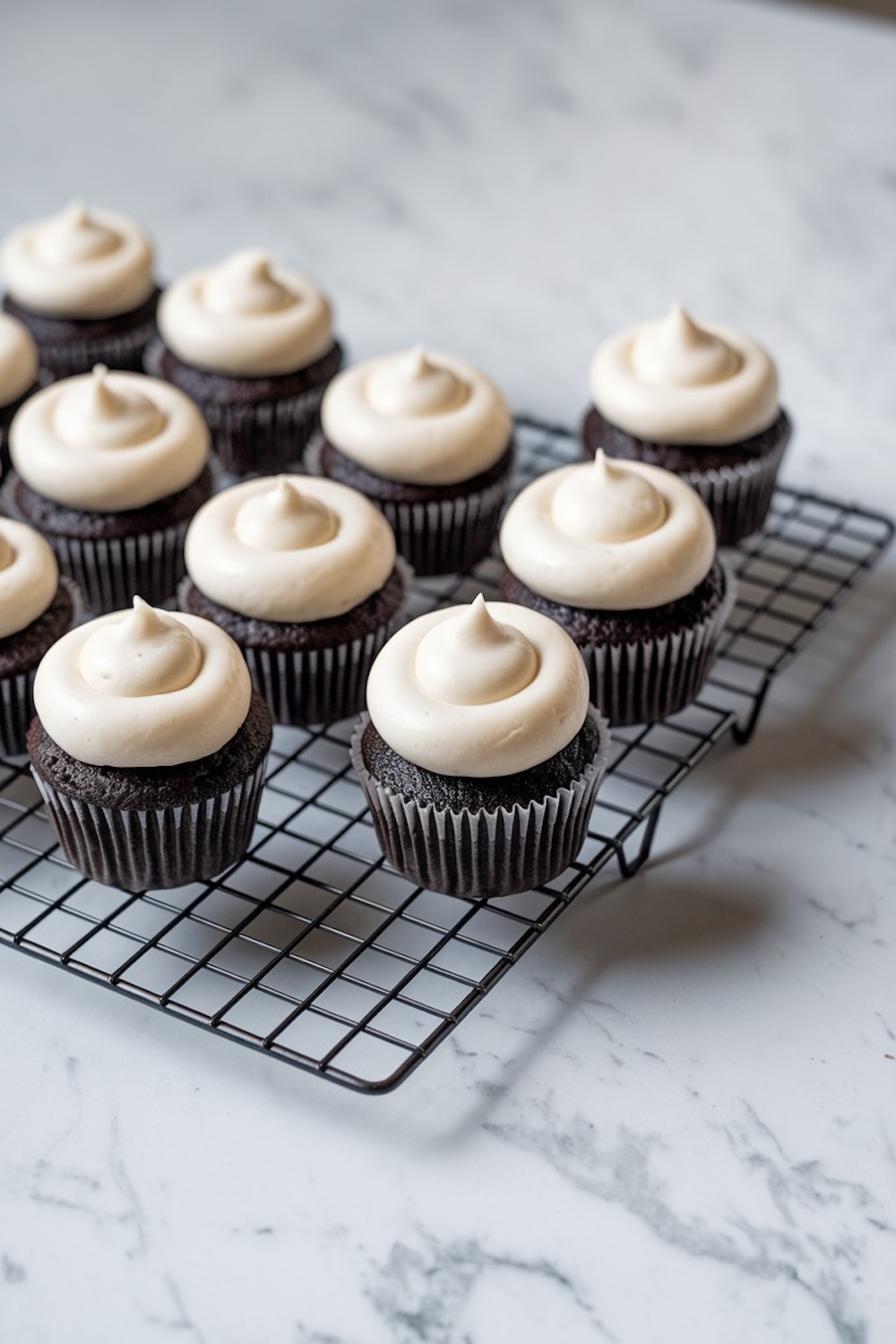 Freshly baked chocolate cupcakes cooling on a wire rack, topped with a generous swirl of creamy vanilla frosting. The smooth peaks of the frosting create a simple yet elegant base, ready for holiday decorations or creative designs.