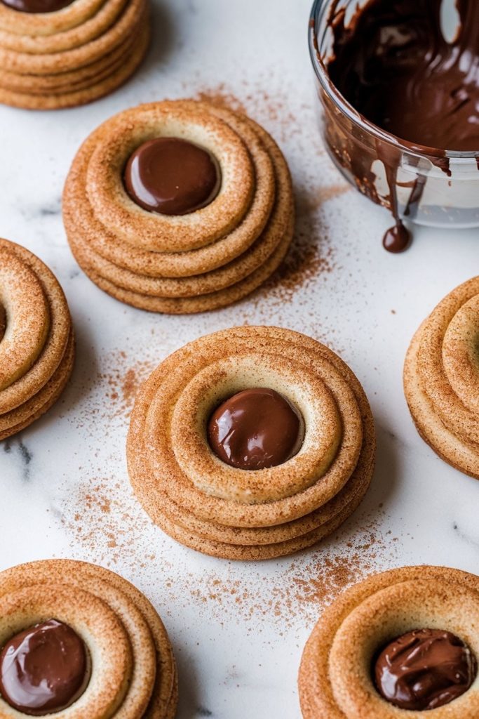 snickerdoodle thumbprint cookies filled with chocolate on a marble surface, dusted with cinnamon