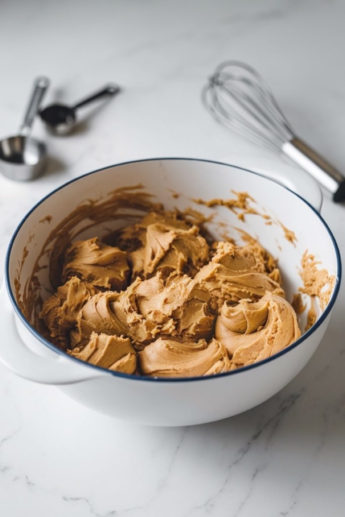 A bowl of creamy cookie dough prepared for making Snickerdoodle thumbprint cookies, displayed with measuring spoons and a whisk on a white marble background.