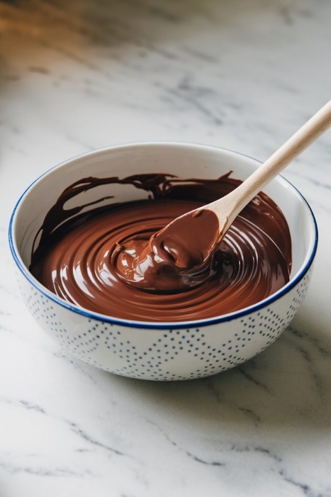 Melted chocolate in a white bowl with a blue dotted rim, ready to be dolloped into the centers of freshly baked Snickerdoodle cookies.