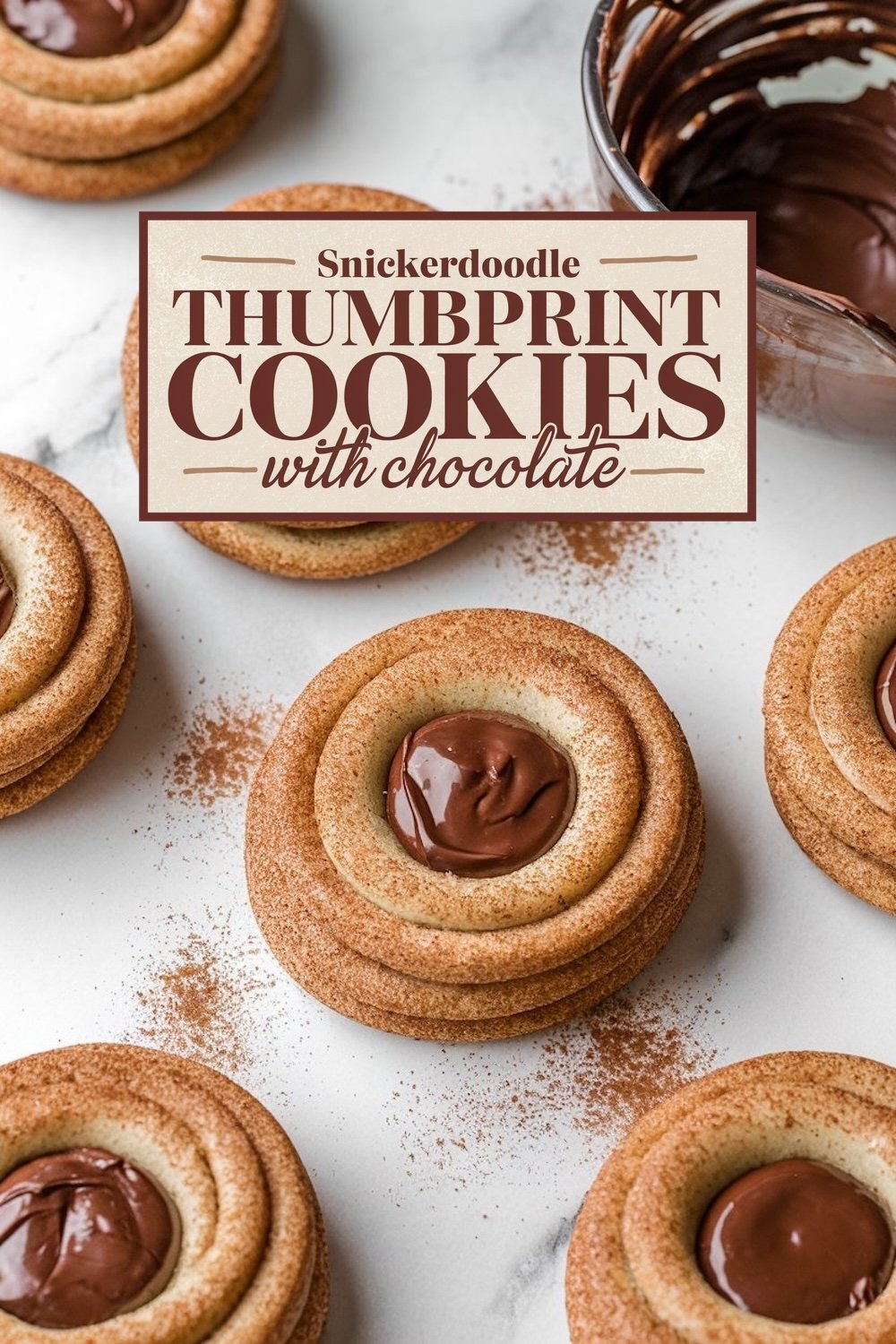 A close-up view of snickerdoodle thumbprint cookies filled with glossy chocolate on a marble surface, dusted with cinnamon.