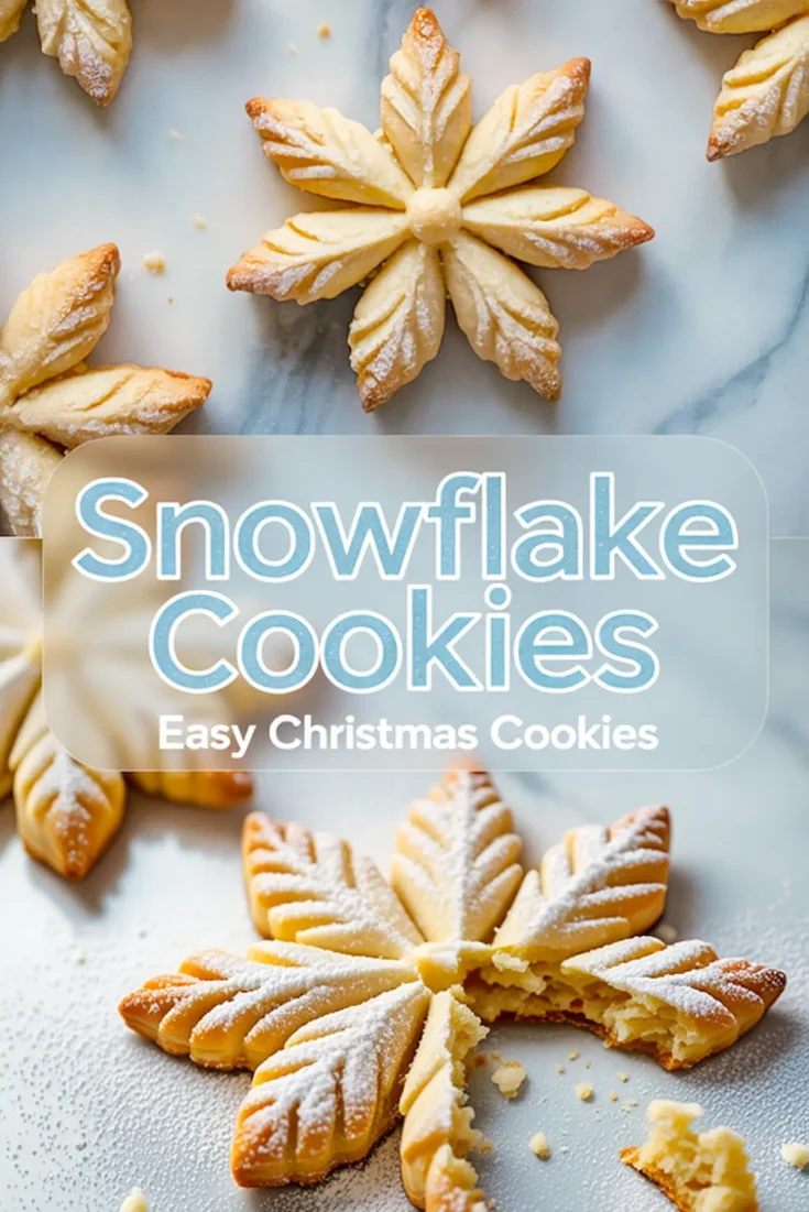 Snowflake cookies with crisp, golden edges and powdered sugar decoration, presented on marble with a “Snowflake Cookies – Easy Christmas Cookies” text overlay, emphasizing festive Xmas cookies and Christmas sugar cookies.