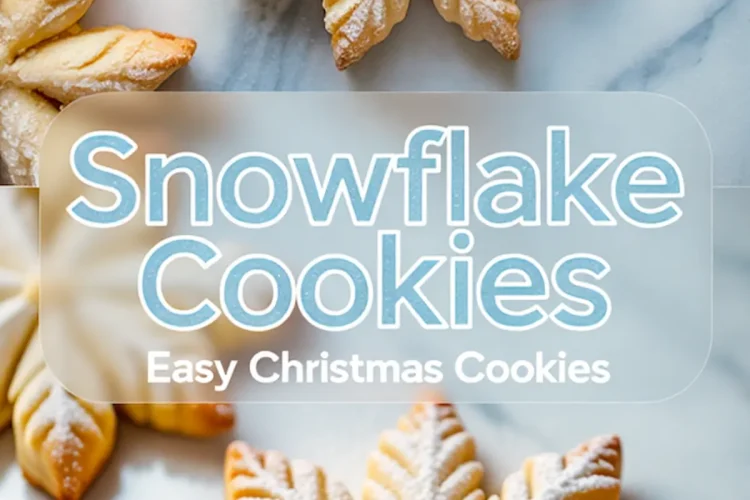Snowflake cookies with crisp, golden edges and powdered sugar decoration, presented on marble with a “Snowflake Cookies – Easy Christmas Cookies” text overlay, emphasizing festive Xmas cookies and Christmas sugar cookies.