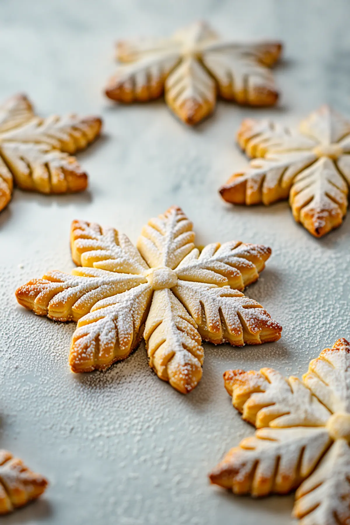 Christmas cookies shaped like snowflakes, styled on a textured white background with soft shadows and powdered sugar, capturing a cozy winter cookie aesthetic.