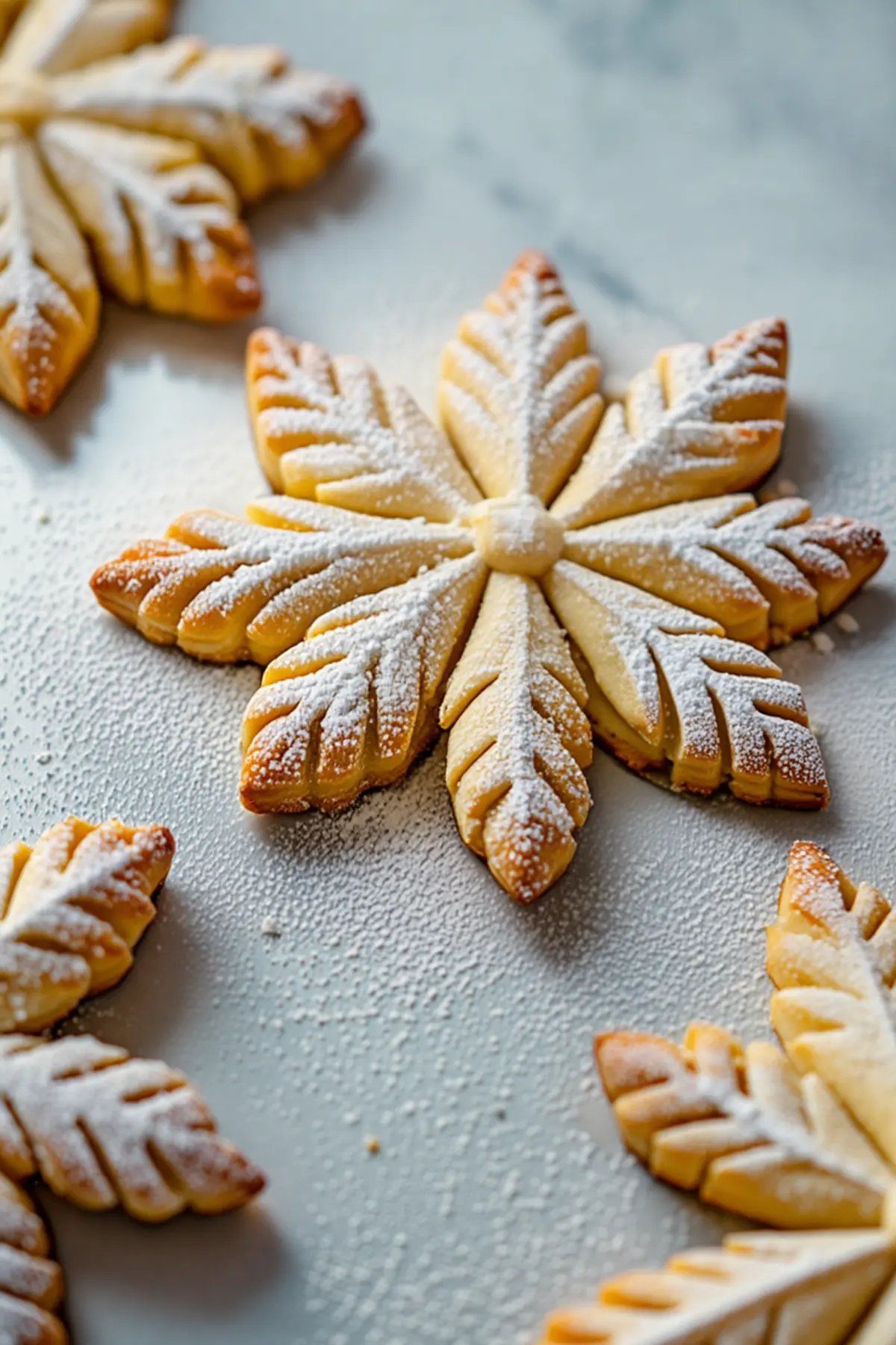 Snowflake-shaped cookie with layered, leaf-textured arms, lightly dusted in powdered sugar and arranged on a pale surface, showcasing festive Christmas cookie styling.