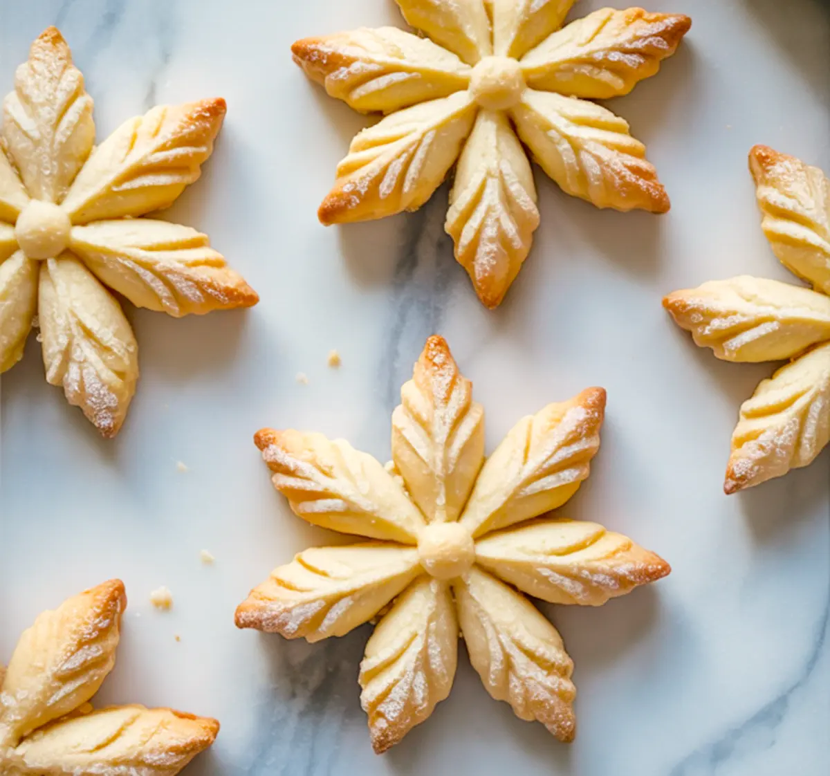 Golden-baked snowflake cookies with powdered sugar dusting, arranged in a circular pattern on a marble surface, ideal for showcasing winter cookie designs and holiday baking ideas.