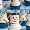 Two-panel Pinterest pin features snowman cupcakes in blue wrappers with fluffy white frosting and decorated marshmallow heads, overlaid with the bold title “Snowman Cupcakes” for winter baking inspiration.