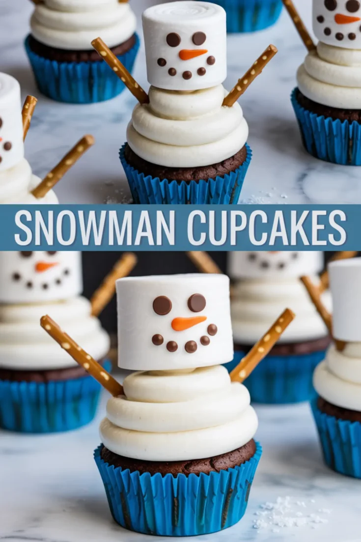 Two-panel Pinterest pin features snowman cupcakes in blue wrappers with fluffy white frosting and decorated marshmallow heads, overlaid with the bold title “Snowman Cupcakes” for winter baking inspiration.