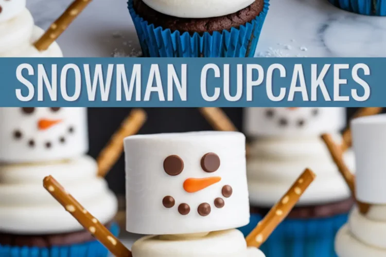 Two-panel Pinterest pin features snowman cupcakes in blue wrappers with fluffy white frosting and decorated marshmallow heads, overlaid with the bold title “Snowman Cupcakes” for winter baking inspiration.