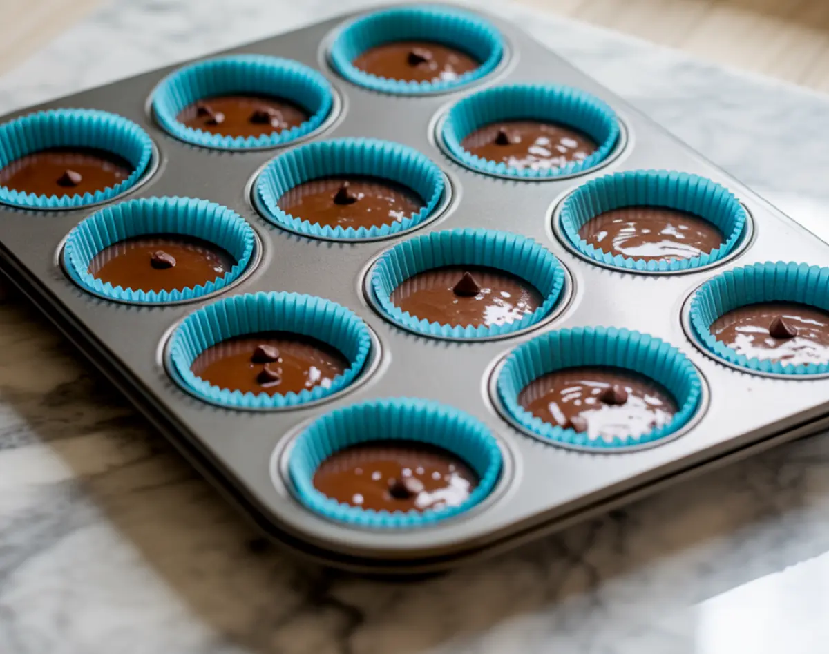 Metal muffin tin lined with vivid blue cupcake wrappers holds portions of chocolate batter dotted with chocolate chips, ready for the oven as holiday cupcake bases.
