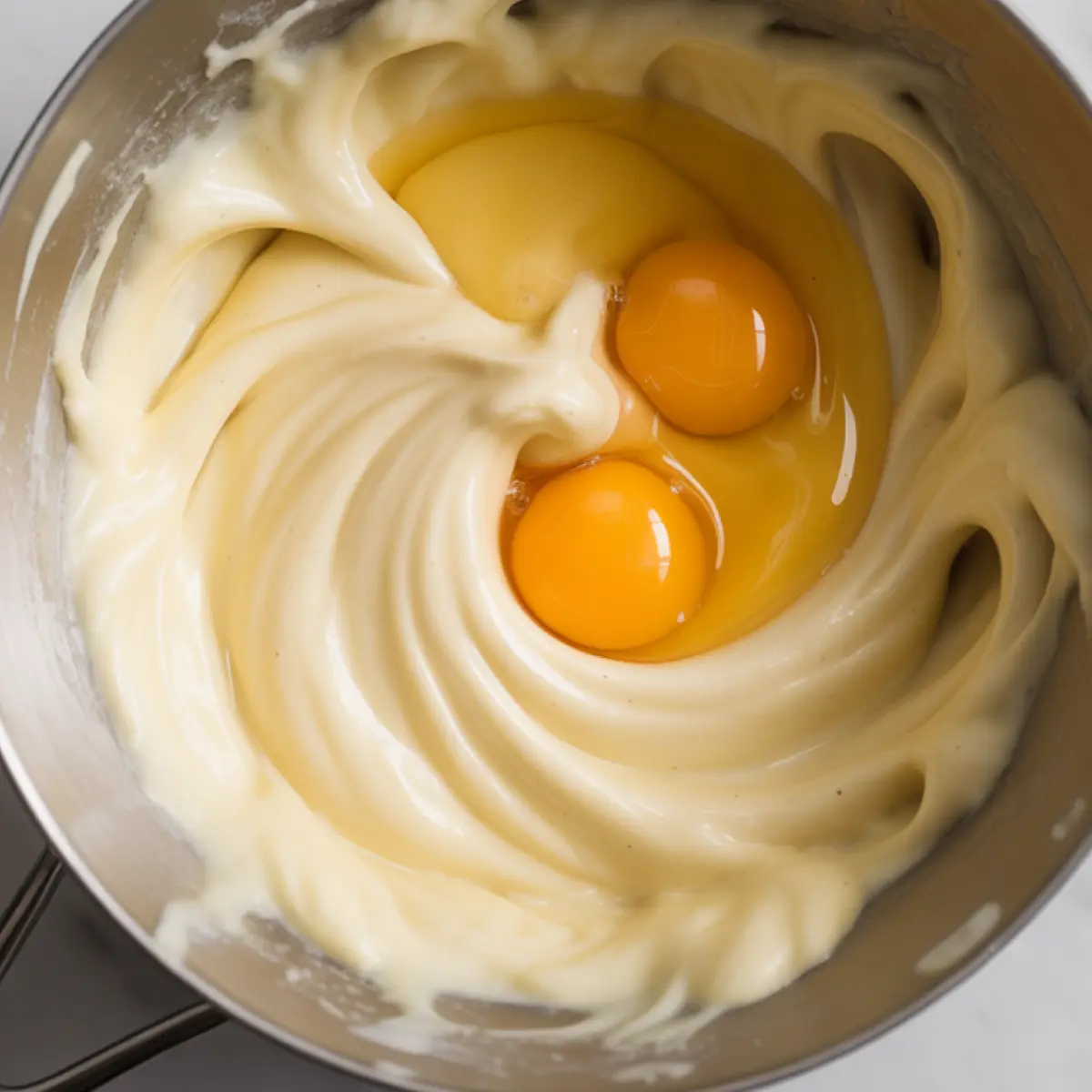 Whisked vanilla cake batter cradles two bright egg yolks in a stainless-steel mixing bowl, illustrating the first step of Christmas cupcake preparation.