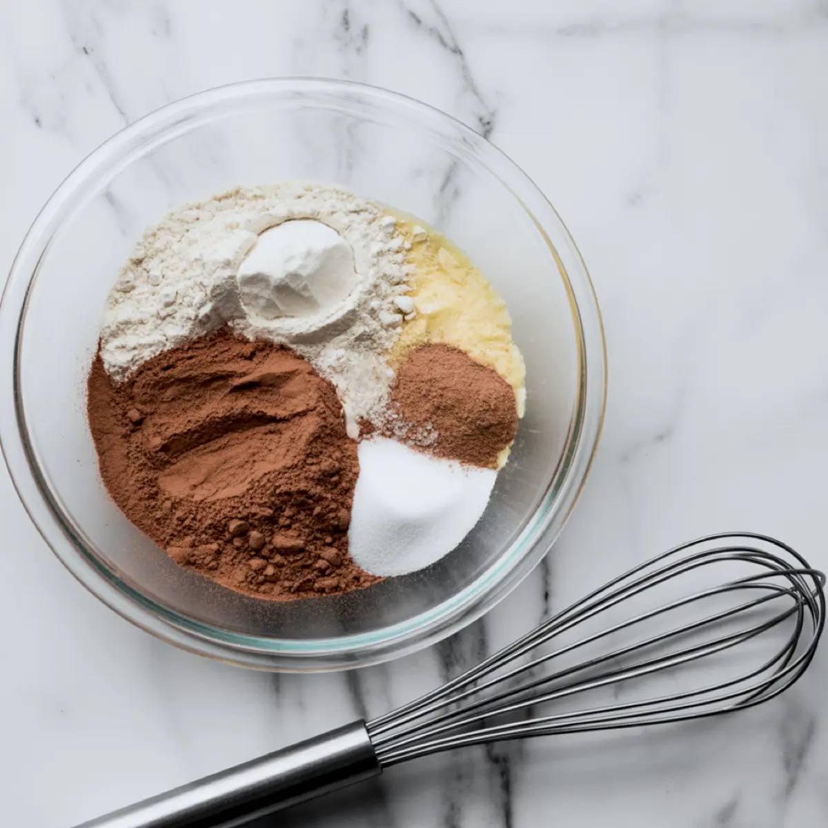 Glass bowl displays cocoa powder, flour, sugar, baking powder, and softened butter arranged on a marble countertop beside a metal whisk, highlighting chocolate cupcake dry-ingredient setup for festive baking.