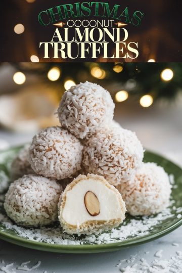 A green plate stacked with white coconut-covered almond truffles. The truffles are dusted with coconut flakes, and one truffle is sliced open, showing the almond center inside a white creamy filling. Christmas tree lights blur softly in the background.