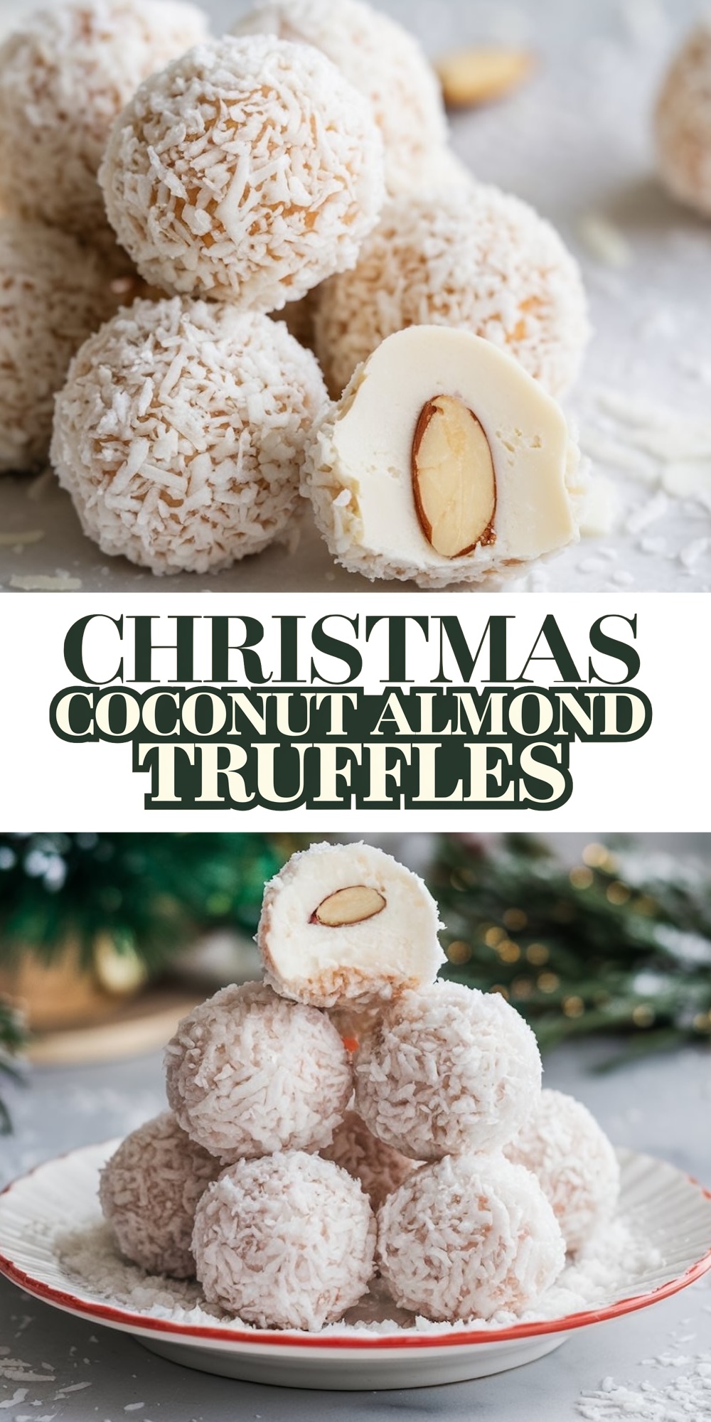 A pyramid-shaped stack of white almond truffles covered in coconut flakes on a red and white plate. One truffle is cut open, exposing a smooth white filling and a whole almond in the center. Christmas decorations add a festive backdrop.