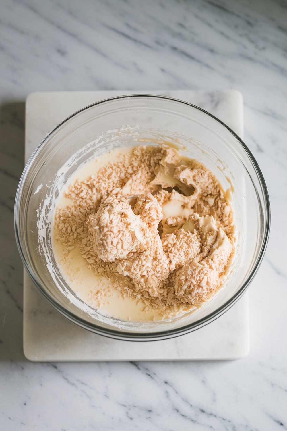 A glass mixing bowl filled with a creamy mixture and freshly added shredded coconut, preparing for coconut almond truffles. The ingredients are partially mixed, showcasing the rough texture of the coconut flakes and the thick, rich consistency of the base. The scene is set on a white marble surface, emphasizing a clean and minimalist kitchen aesthetic perfect for holiday baking.