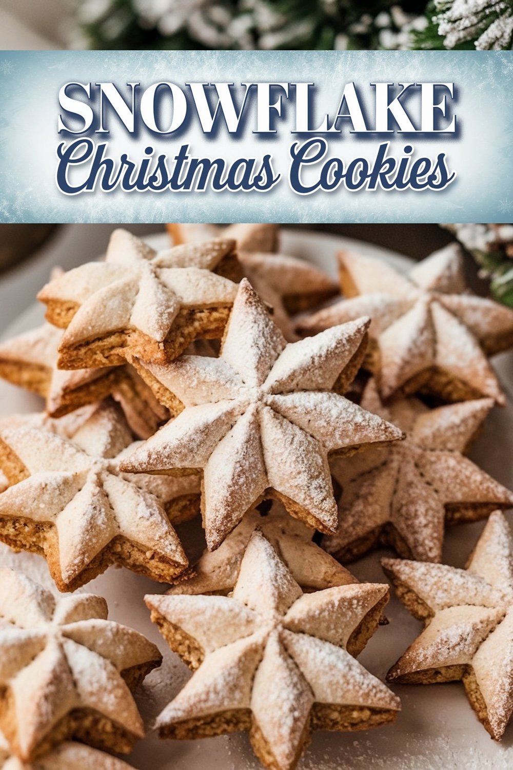 A stack of star-shaped snowflake Christmas cookies dusted with powdered sugar on a ceramic plate, perfect for festive holiday treats.
