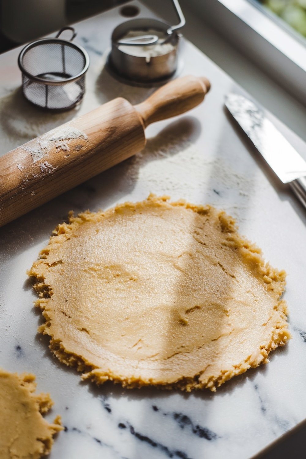 A rolling pin on a marble countertop with a ball of cookie dough, ready to be rolled and cut into snowflake shapes for baking.