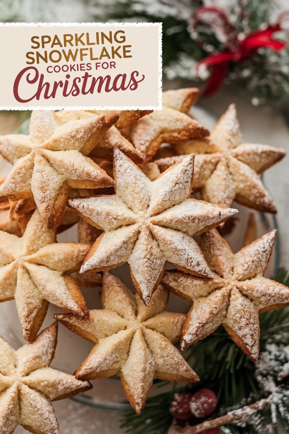 A festive display of star-shaped snowflake cookies, sprinkled with sugar, set against a backdrop of Christmas greens and berries.