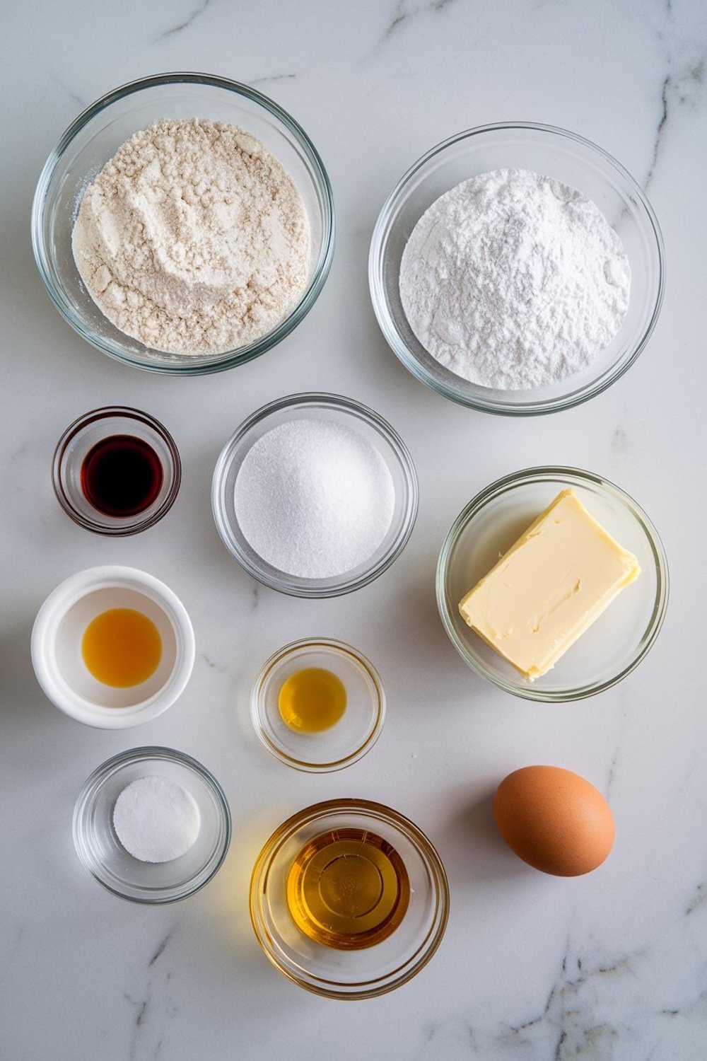 A beautifully arranged flat lay of ingredients for Sparkling Snowflake Christmas Cookies on a white marble countertop. The ingredients are portioned in small glass bowls, including flour, powdered sugar, granulated sugar, butter, an egg, vanilla extract, almond extract, salt, and baking powder. This setup exudes a sense of holiday baking preparation, with a clean and organized aesthetic that invites viewers to start creating festive treats.