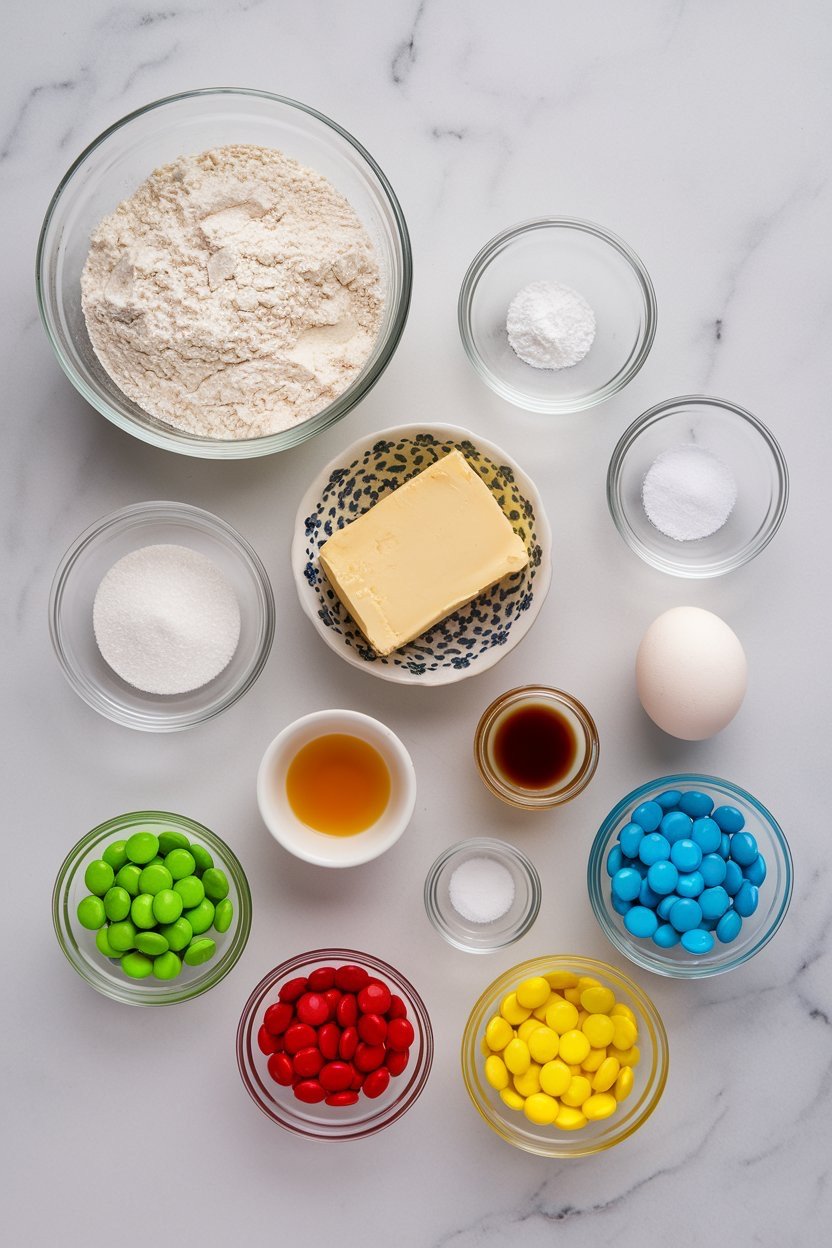  An array of ingredients for stained glass cookies, including flour, butter, sugar, an egg, and colorful candies in red, green, blue, and yellow for the "stained glass" centers. This visually appealing assortment showcases the essentials for crafting vibrant, decorative cookies perfect for holiday celebrations.