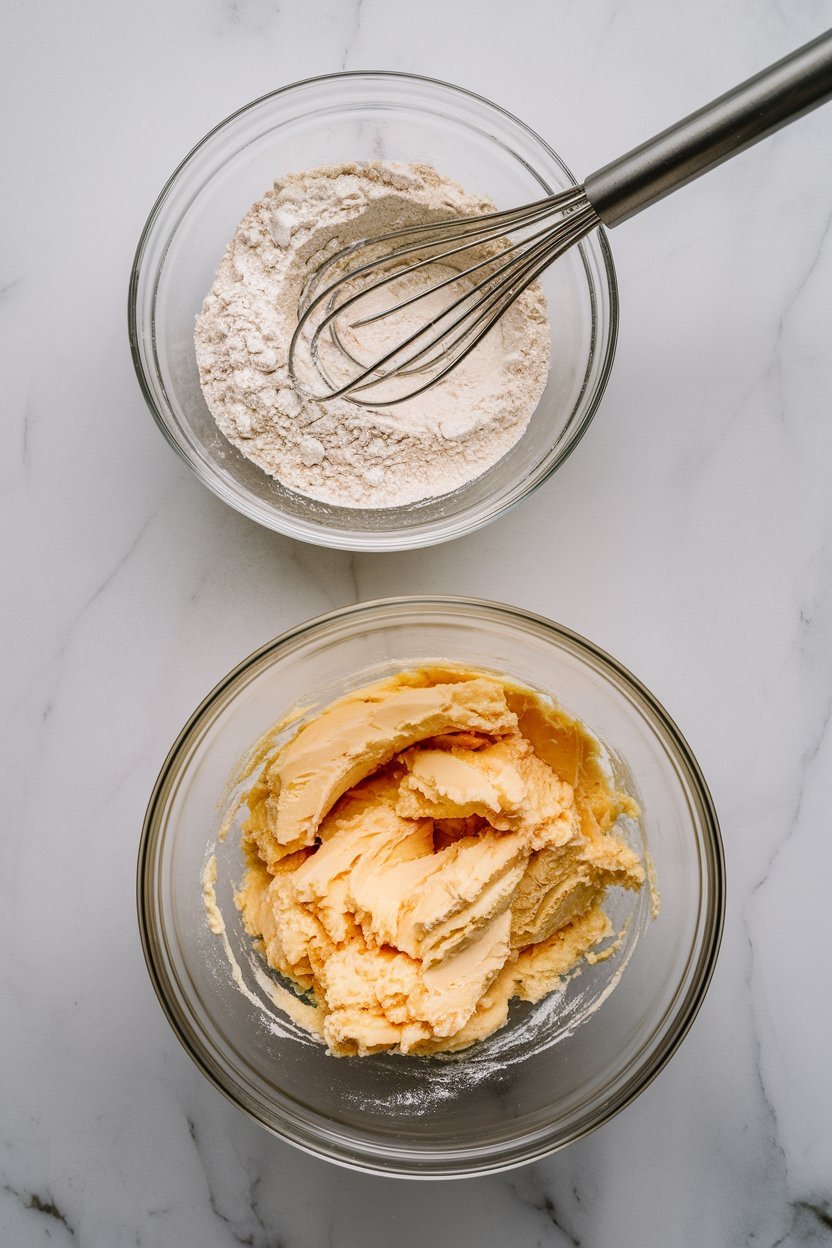 Two glass bowls prepared with key ingredients for stained glass cookies. One bowl holds creamed butter, soft and fluffy, while the other contains sifted dry ingredients, ready to be mixed. The setup highlights the stages of cookie preparation, focusing on the steps for creating a buttery, crisp base for the stained glass cookies.