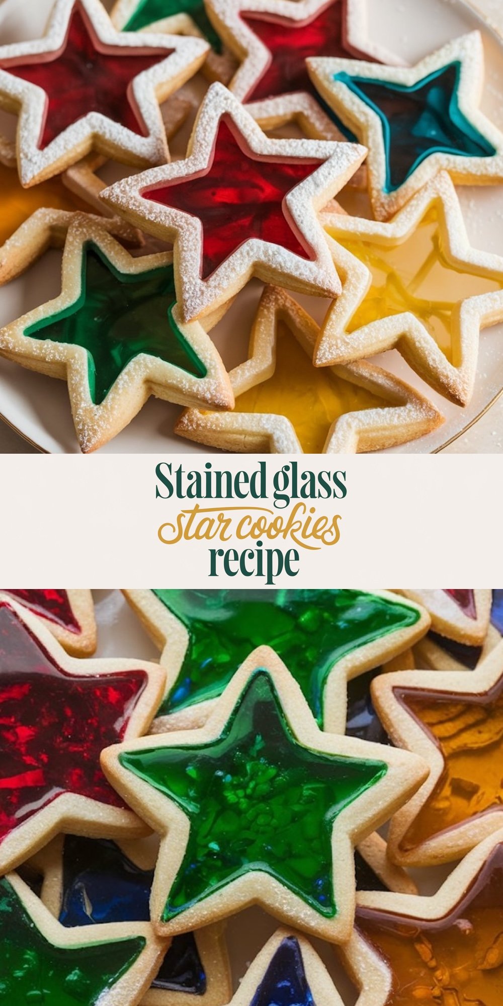 Bright and colorful collage of "Stained Glass Star Cookies." The top panel shows a plate of finished cookies with powdered sugar-dusted edges, while the bottom panel offers a close-up of the star-shaped cookies with vivid stained-glass centers in various colors. The cheerful aesthetic makes these cookies a beautiful addition to holiday dessert spreads.