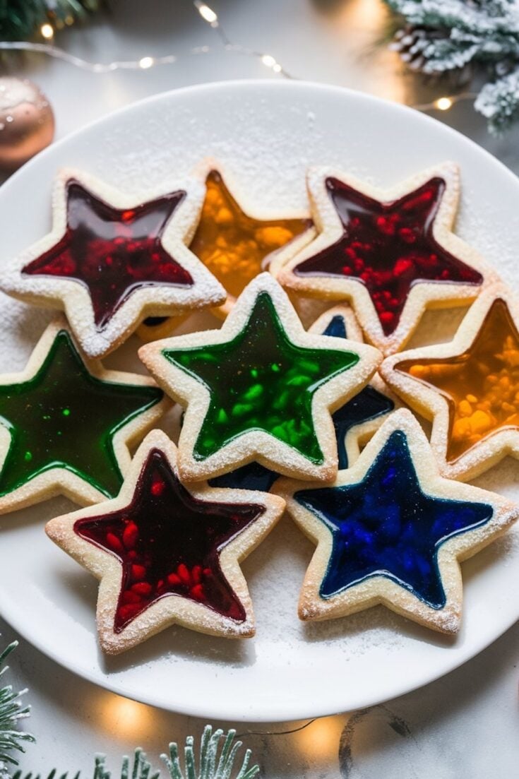Festive plate of star-shaped stained glass cookies with colorful translucent centers in red, green, and blue, perfect for Christmas celebrations. The sugar cookies are lightly dusted with powdered sugar around the edges, enhancing their holiday appeal. Surrounded by seasonal decor, including frosted pinecones and twinkling string lights, these cookies bring vibrant, eye-catching colors and a unique design to holiday dessert tables or gift platters.