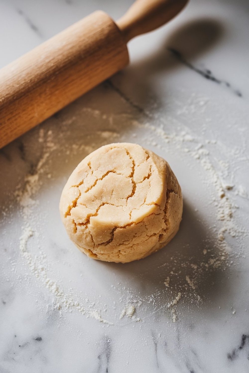 A ball of cookie dough on a lightly floured marble surface with a wooden rolling pin nearby. The dough is ready for rolling, showcasing a smooth, golden texture ideal for sugar cookies or holiday cutouts. This classic baking prep scene highlights the start of a festive cookie recipe.

