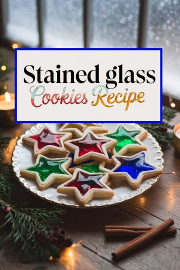 Holiday-themed image of "Stained Glass Cookies" on a decorative plate, styled with festive elements. The star-shaped sugar cookies feature vibrant translucent centers in red, green, and blue, creating a stained-glass effect that catches the warm glow of nearby lights. Perfect for Christmas baking inspiration or holiday dessert tables.