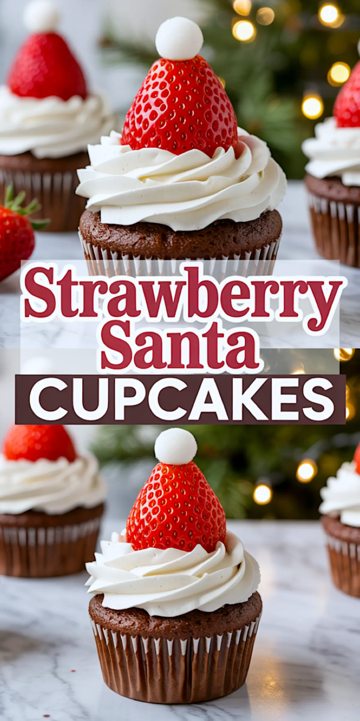 Chocolate cupcakes topped with swirls of vanilla frosting, each decorated with a fresh strawberry Santa hat and a small white candy ball, arranged on a marble surface with holiday lights in the background.