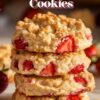 Stack of strawberry shortbread cookies with chunks of fresh strawberries embedded in the layers, displayed against a blurred background.