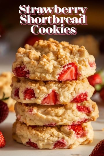 Stack of strawberry shortbread cookies with chunks of fresh strawberries embedded in the layers, displayed against a blurred background.
