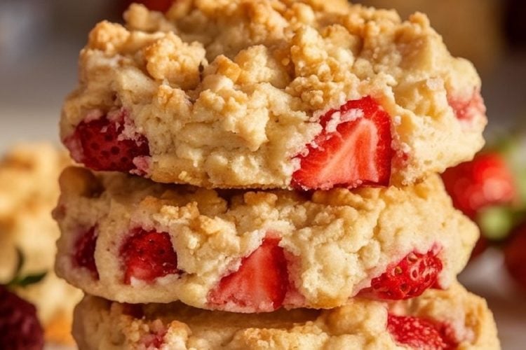 Stack of strawberry shortbread cookies with chunks of fresh strawberries embedded in the layers, displayed against a blurred background.