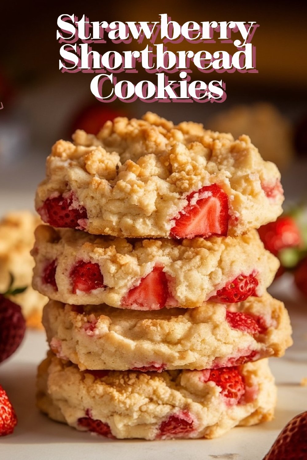 Stack of strawberry shortbread cookies with chunks of fresh strawberries embedded in the layers, displayed against a blurred background.