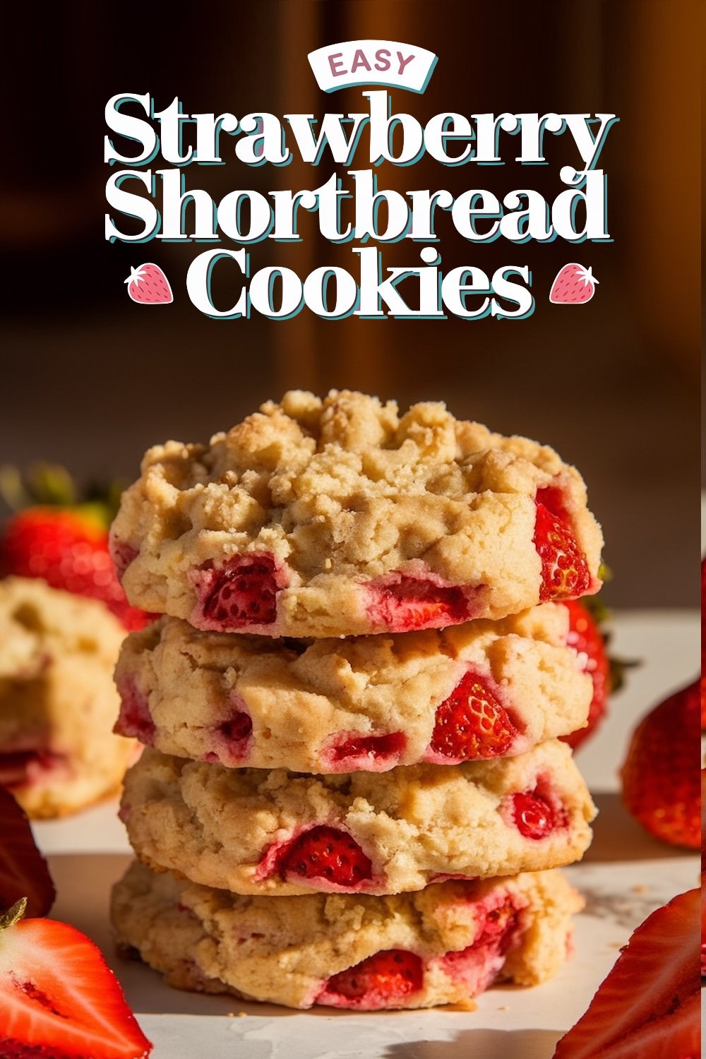 Text overlay 'Easy Strawberry Shortbread Cookies' on a stack of freshly baked strawberry shortbread cookies, with vibrant strawberries in the background.